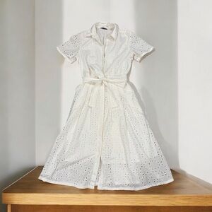 Brooks Brothers White Cotton Eyelet Shirt Dress With Tie Size 4 Lined Button Up